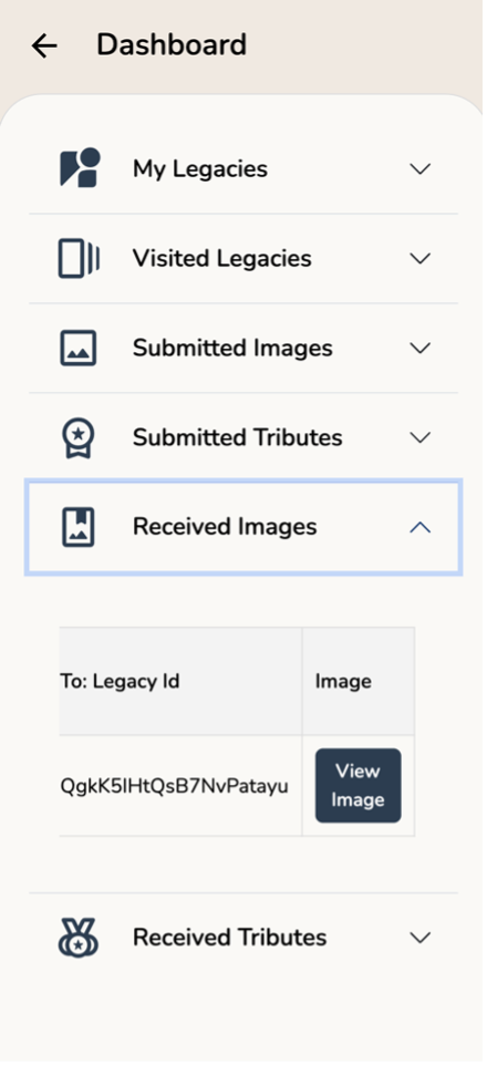 Dashboard page - received images accordion opened