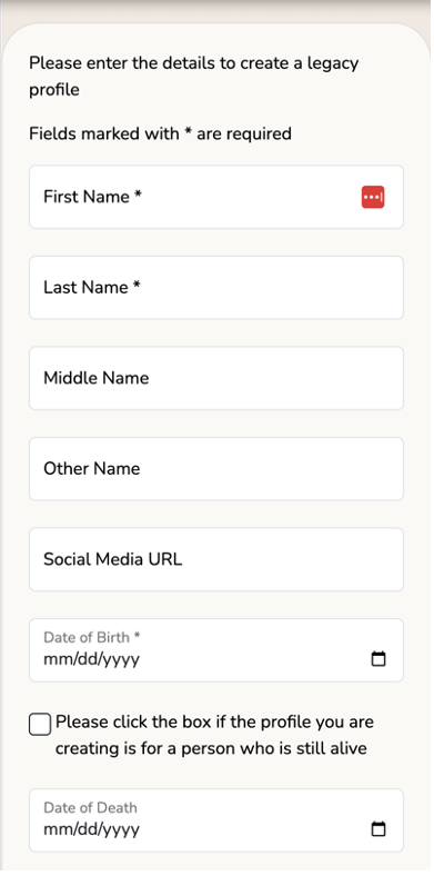 Details to create legacy profile
