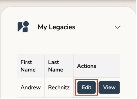 My legacies option in Dashboard page